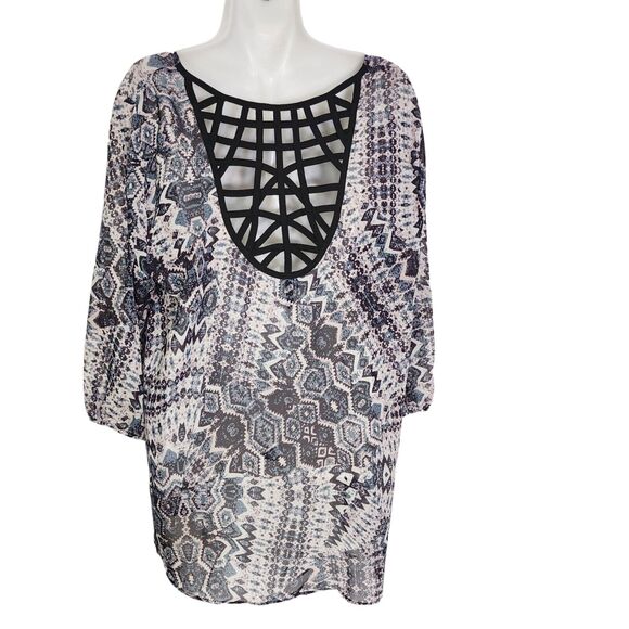Maurice's Womens Tunic Top Size XL Criss Cross Back Sheer Geometric Hi low Hem - Picture 2 of 10